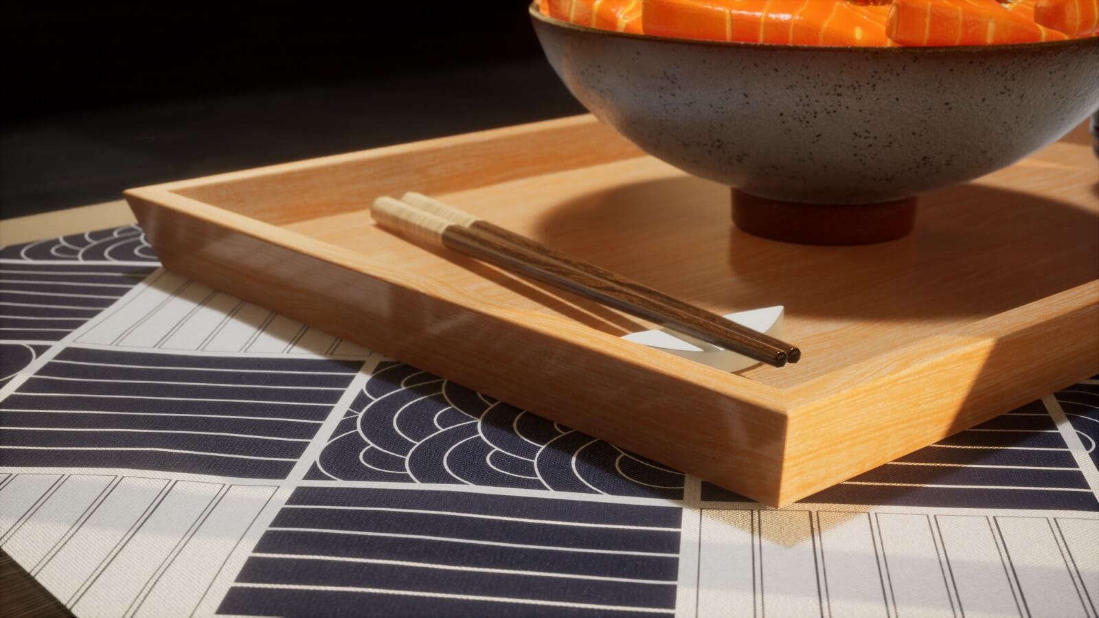 Close-up view of wooden chopsticks on a meal tray
