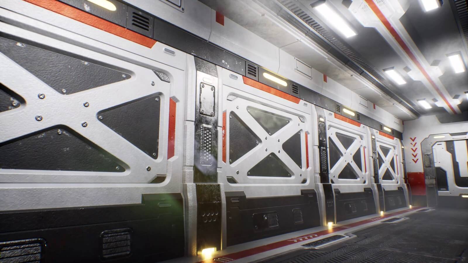Metal panelled walls of a spaceship hallway corridor