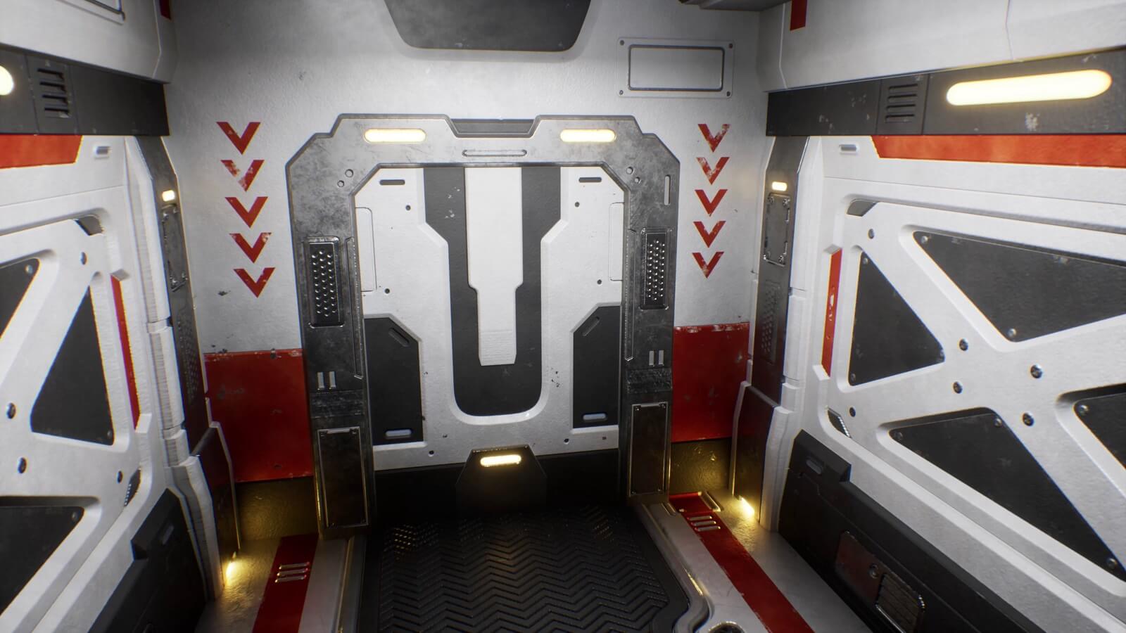 Metal powered door inside a spaceship corridor