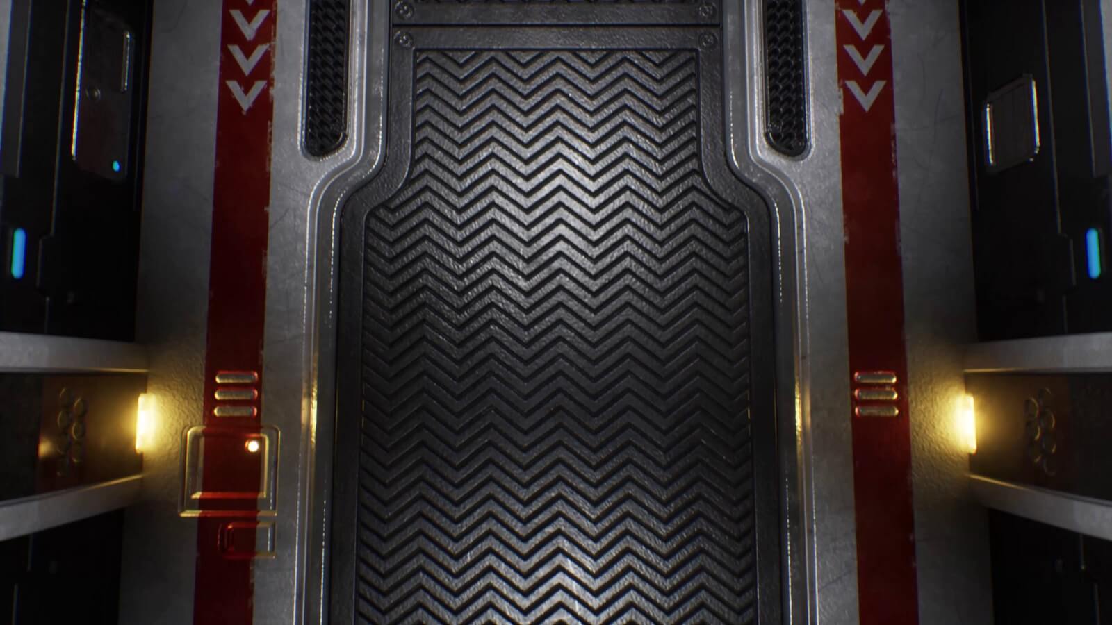 Metal grated flooring inside a spaceship corridor