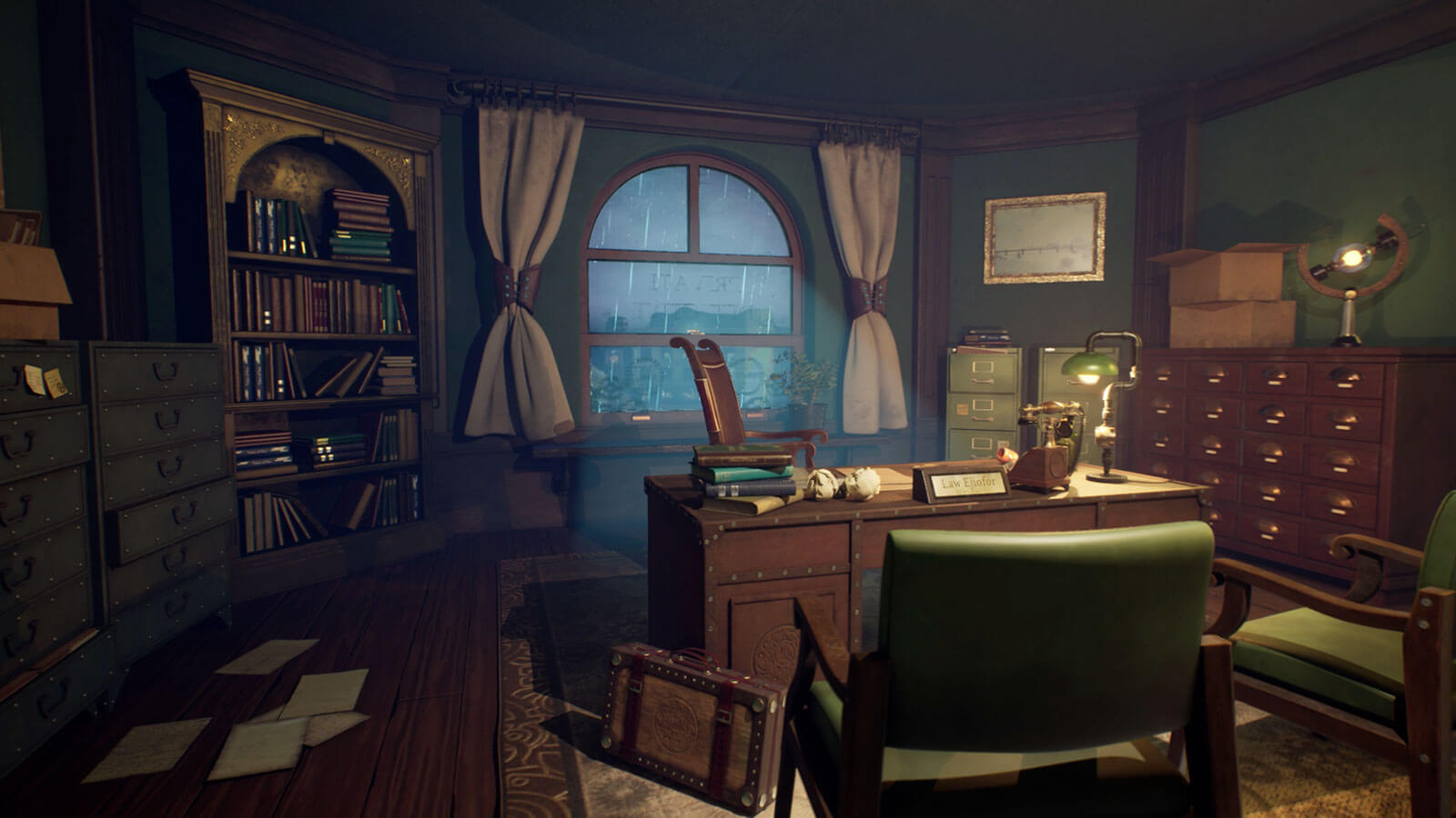 Standing view of a detective's desk with two green chair sitting in front of it