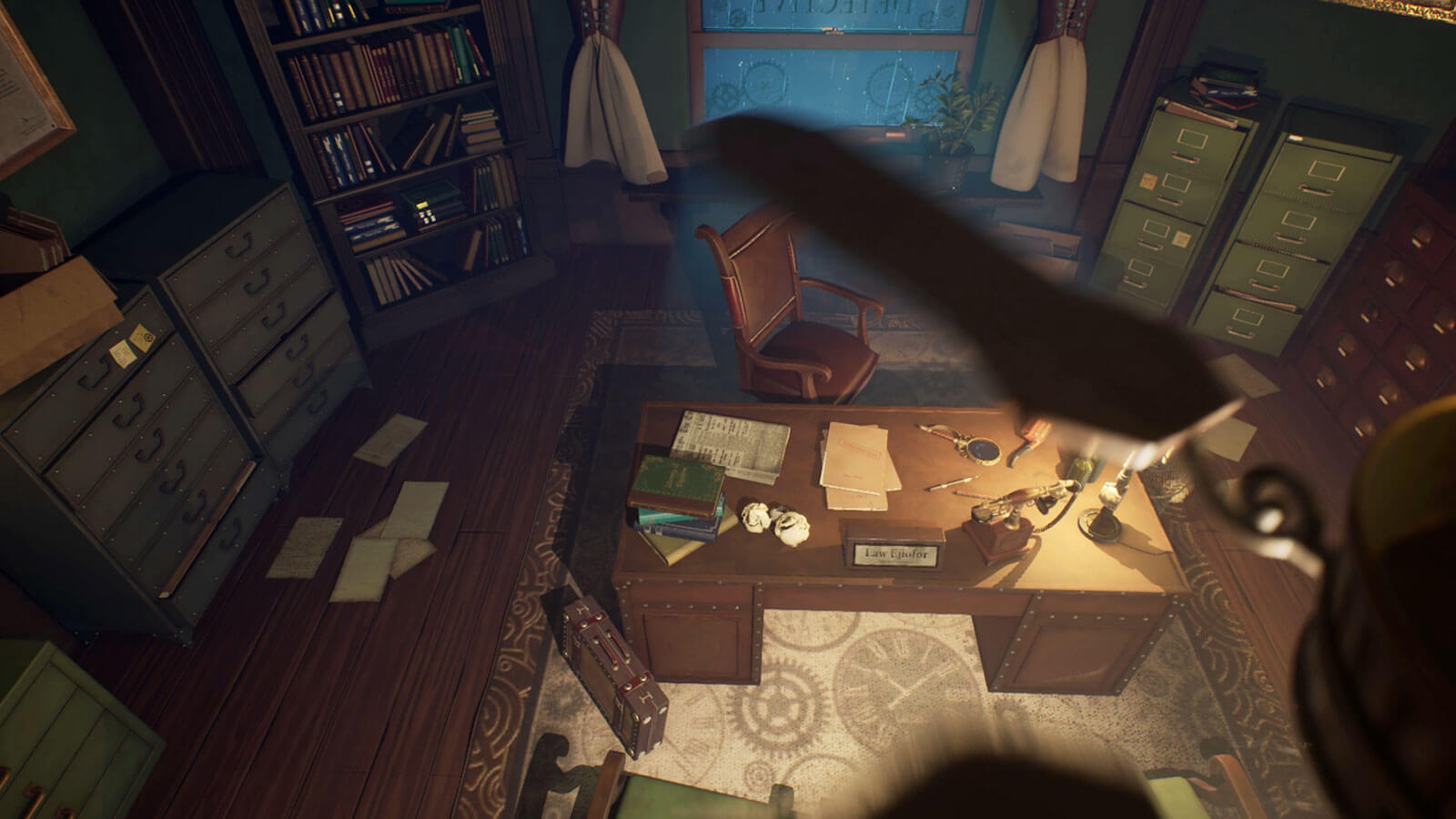 Overhead view through a ceiling fan of a detective's desk