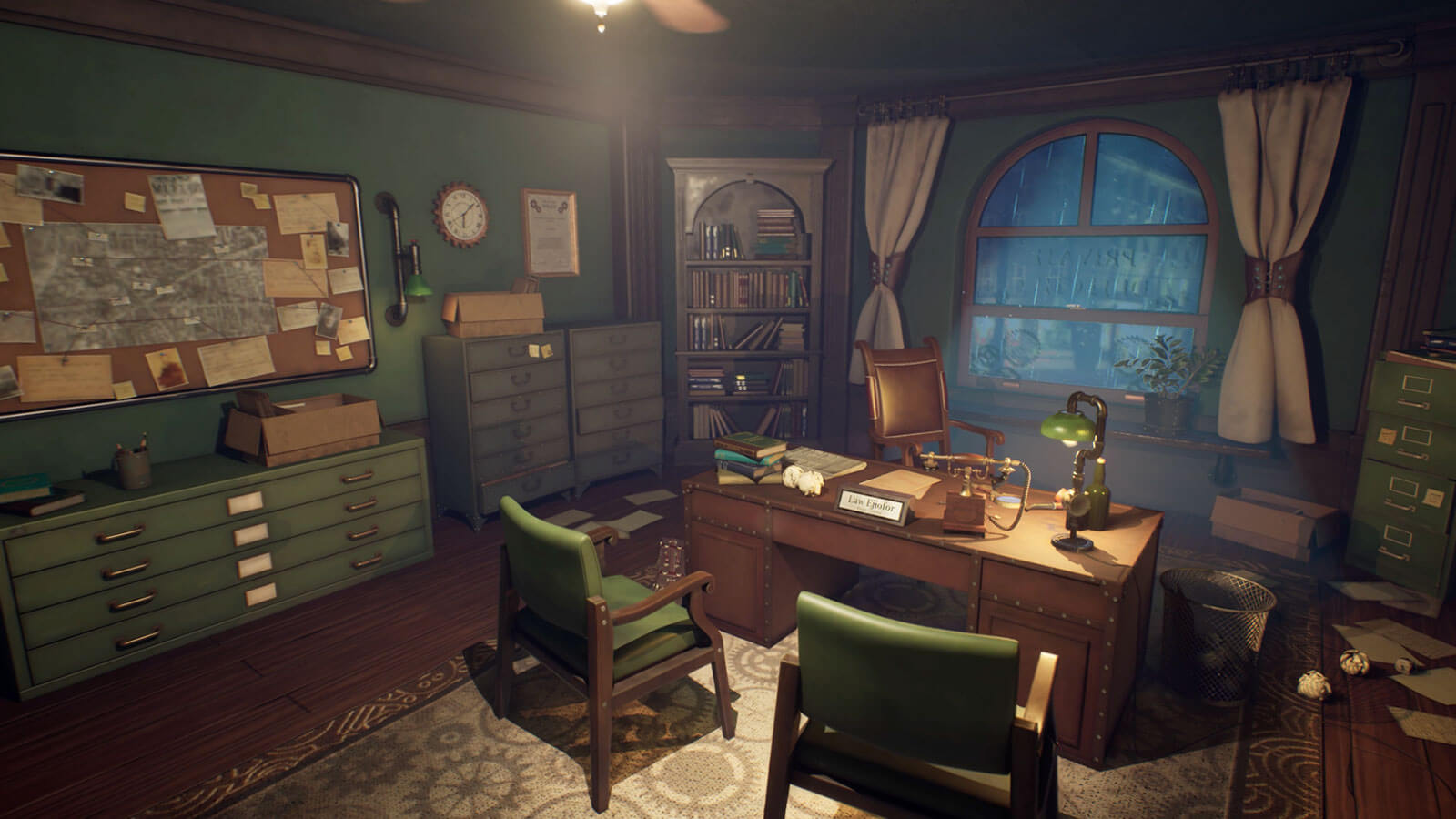 Angled view of a detective's office and desk