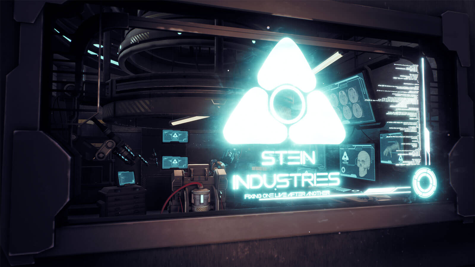 A window with a glowing Stein Industries logo looks onto a room full of large machinery