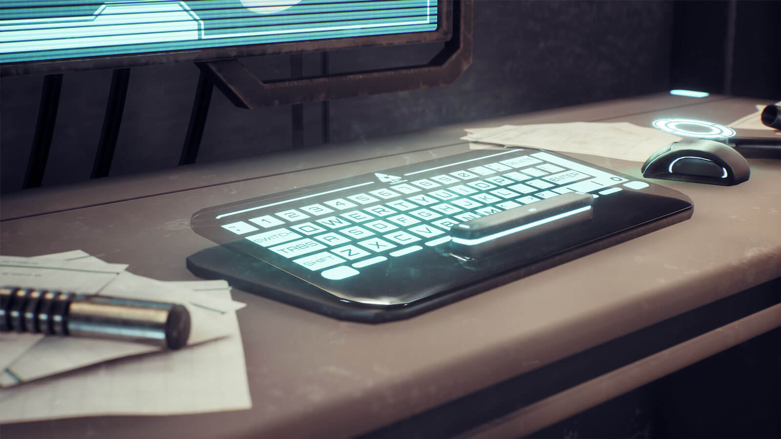 A futiristic clear keyboard with glowing blue keys sits atop a desk