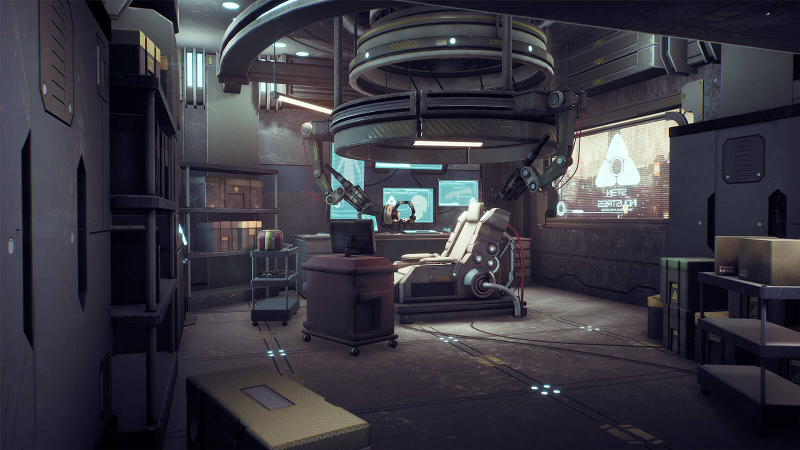 A panned out view of a massive futuristic laboratory with various machinery on the floor and ceiling