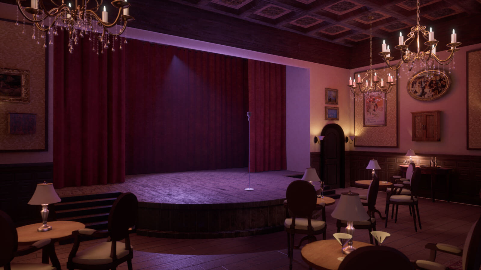 A dimly lit empty cabaret stage with empty tables surounding it