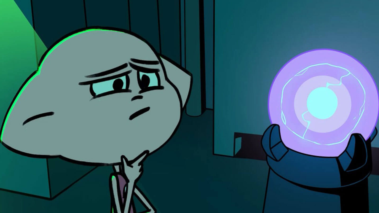 Small alien character gazes into purple orb