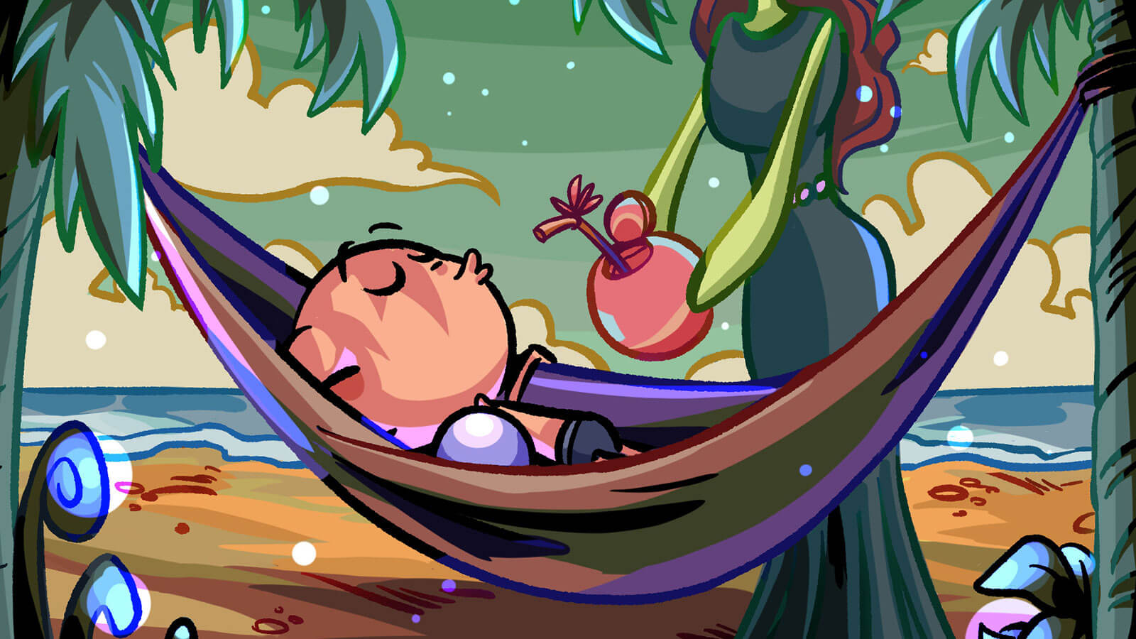 Alien character relaxes in hammock as a larger alien serves them a drink via a straw