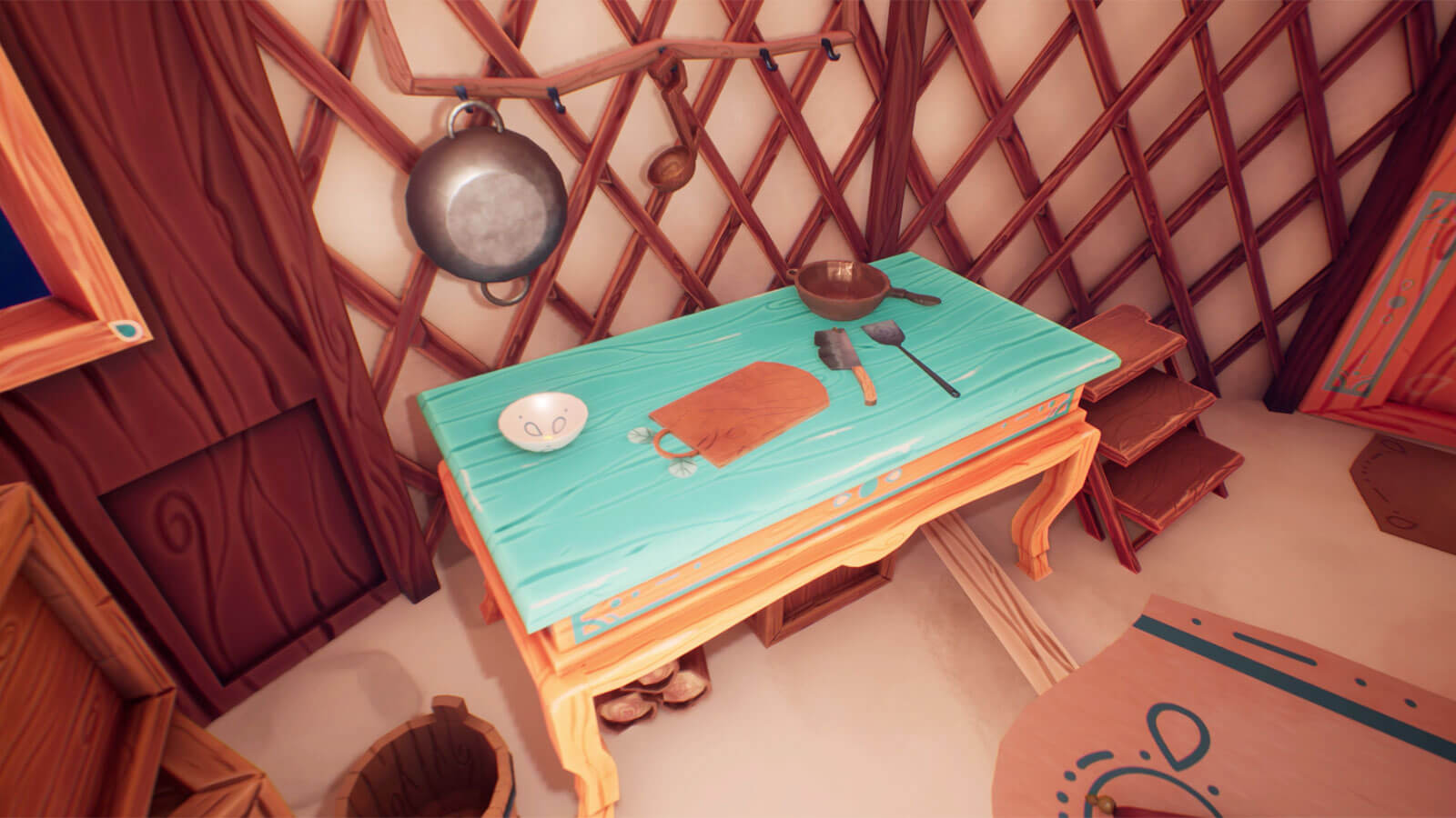 A small wooden desk with a teal top with a cutting board and small cooking untensils on it.