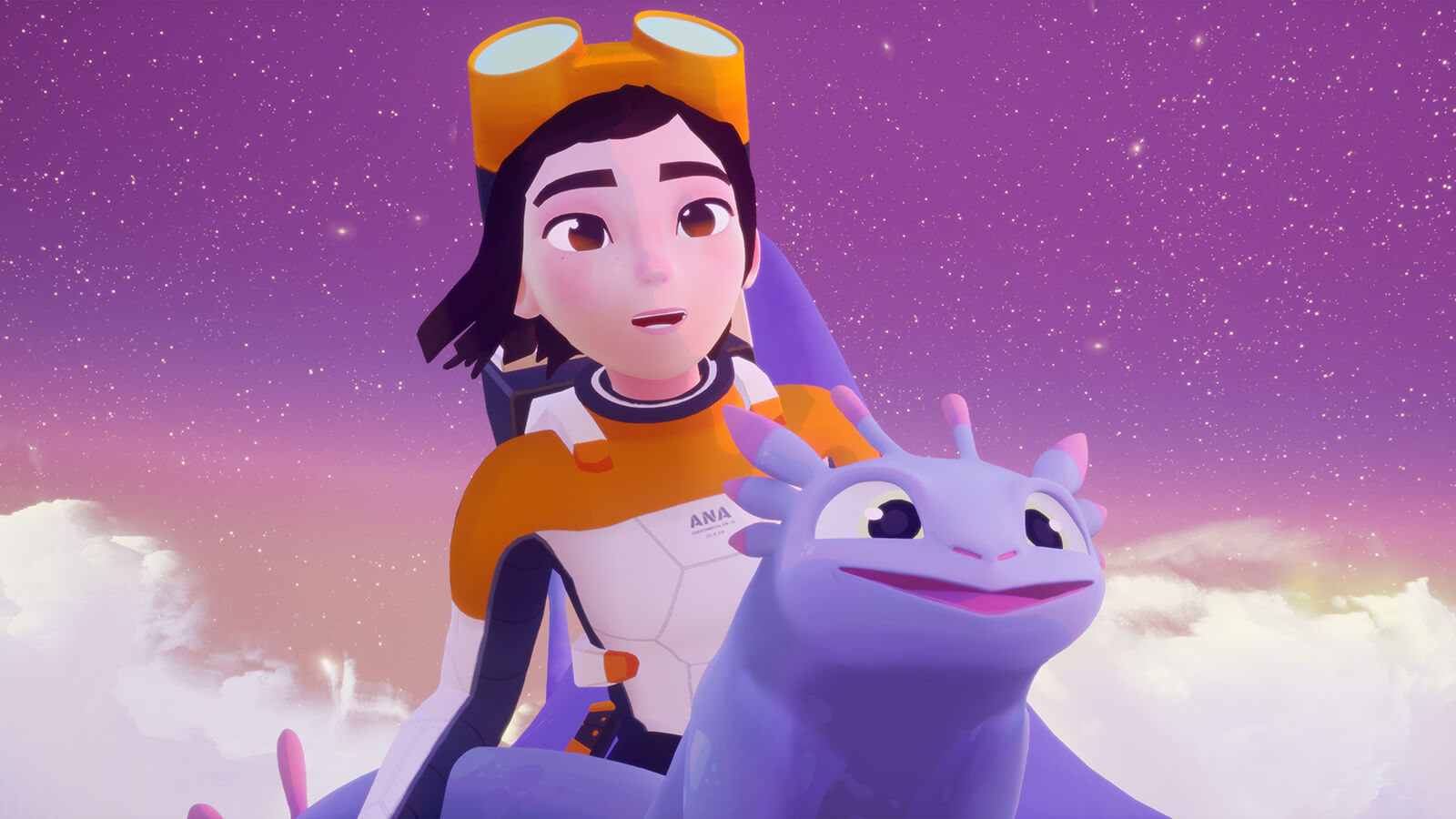 Young woman in futuristic flight suit rides above the clouds on a flying creature.