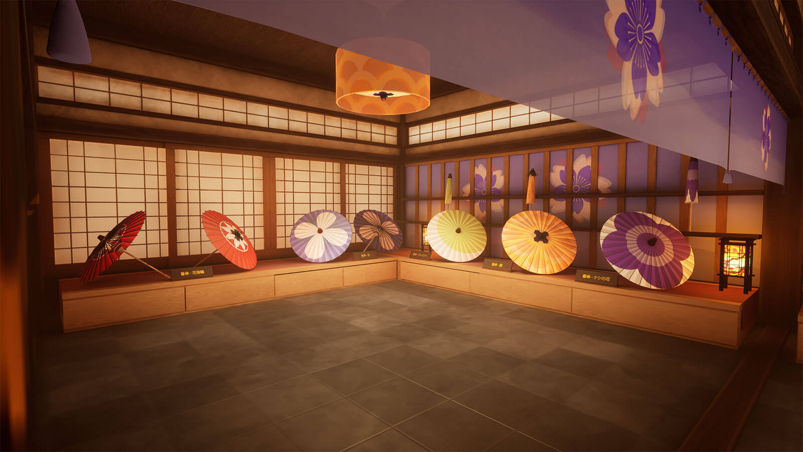 Multiple tranditional Japanese umbrellas line the the perimeter of a room