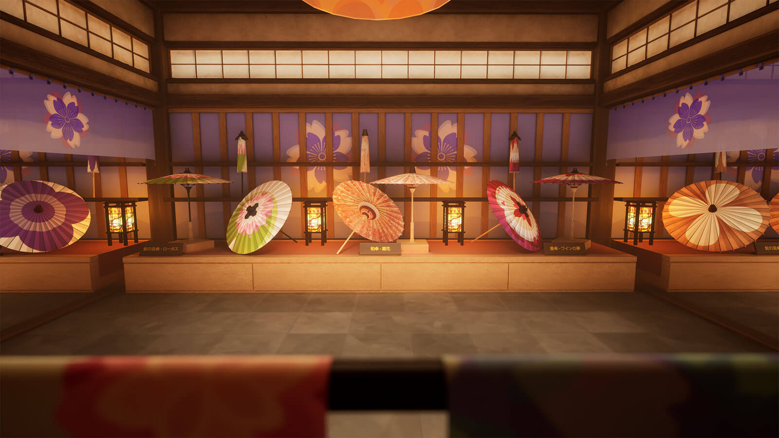 Vibrant Japanese umbrellas decorate a small stage with small laterns in between