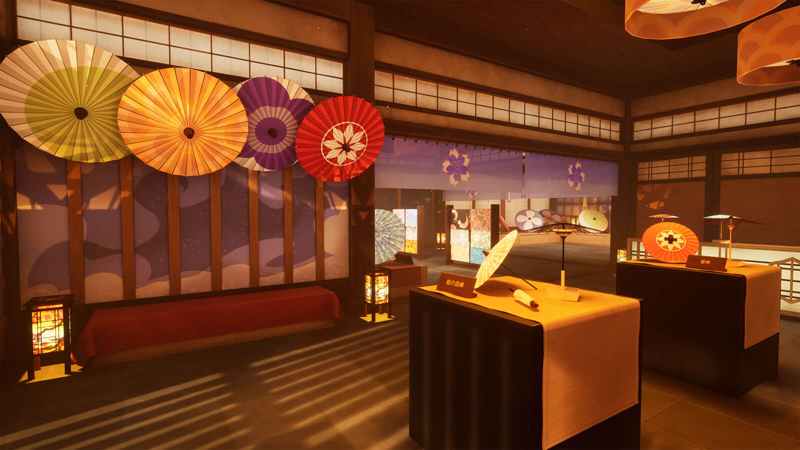 Corner view of a traditional Japanese room with various colorful umbrellas 