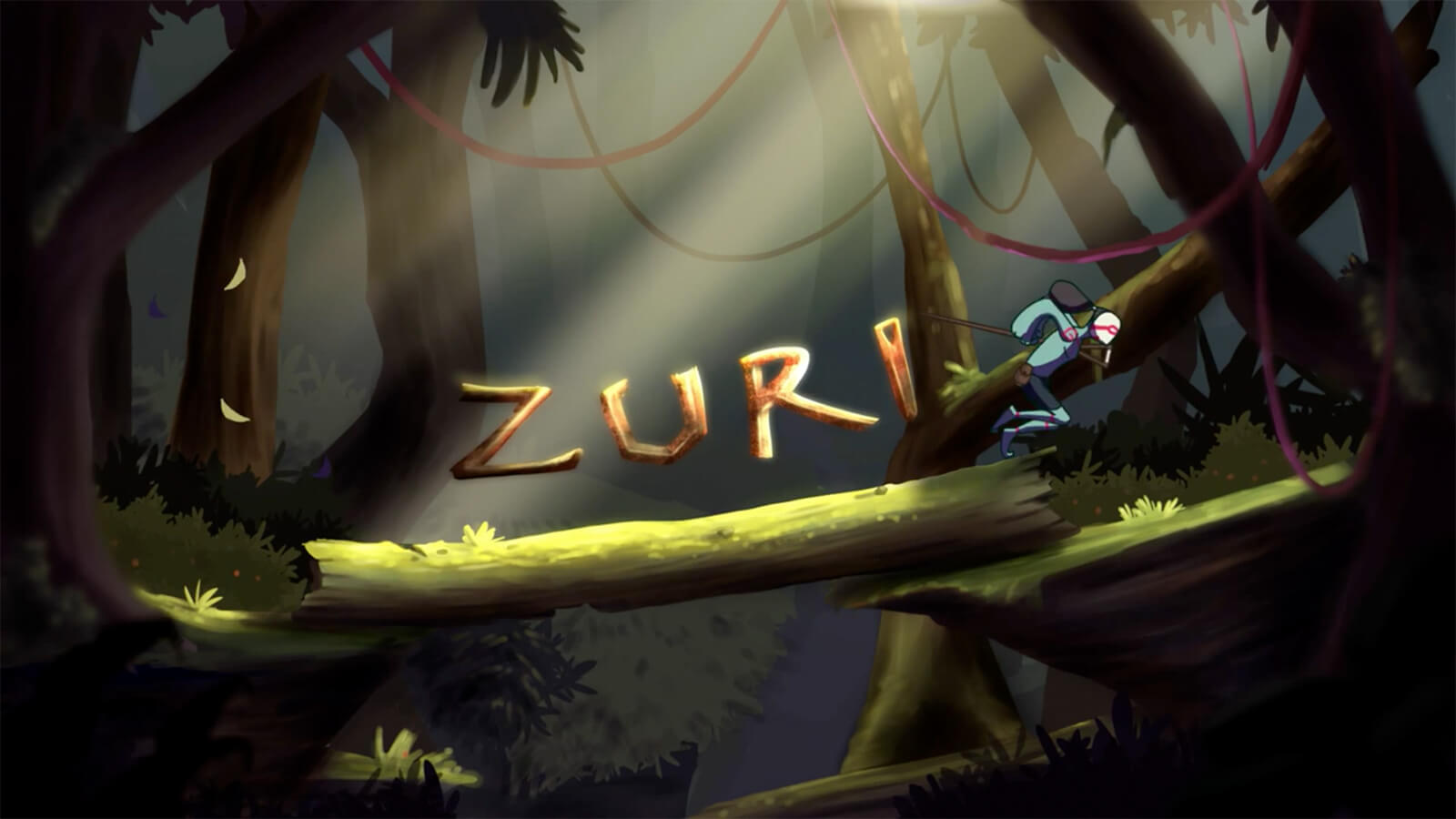 A title card reading "Zuri" in a dimly lit forest, as a greenish figure runs across a log bridge.