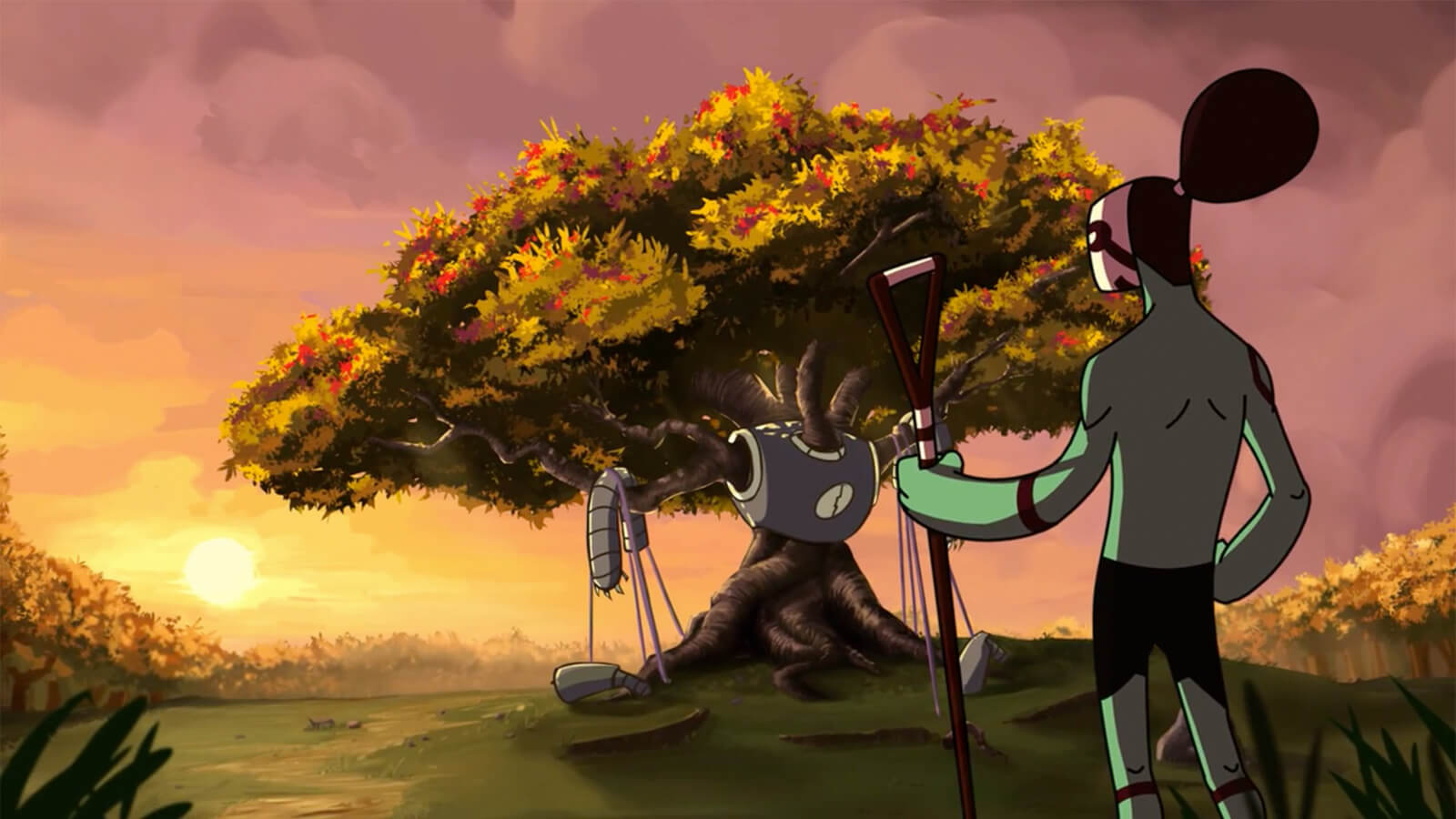 Against a setting sun, a greenish humanoid stares at an tree which has grown through the broken remnants of a large robot.