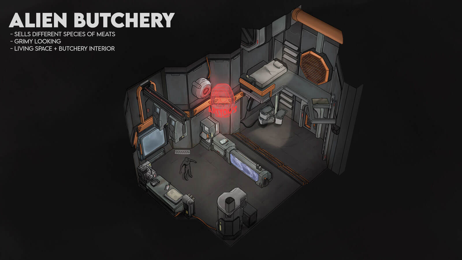 Concept drawing of Artyom's butchery with a hand-drawn layout of the scene