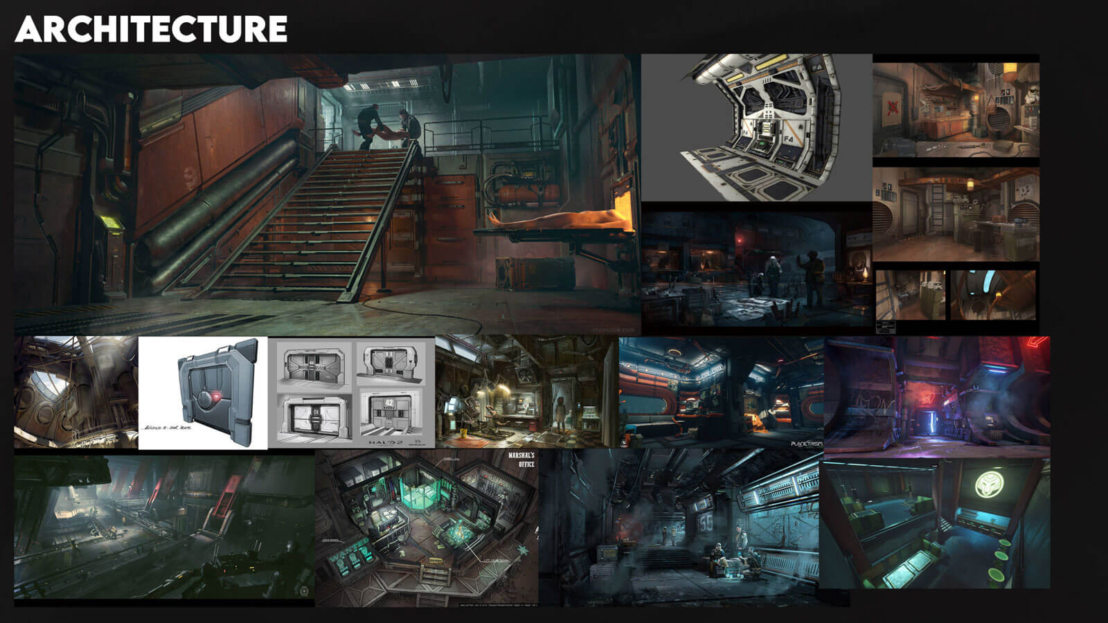 A collage of various reference concept drawings of dark and grimy areas