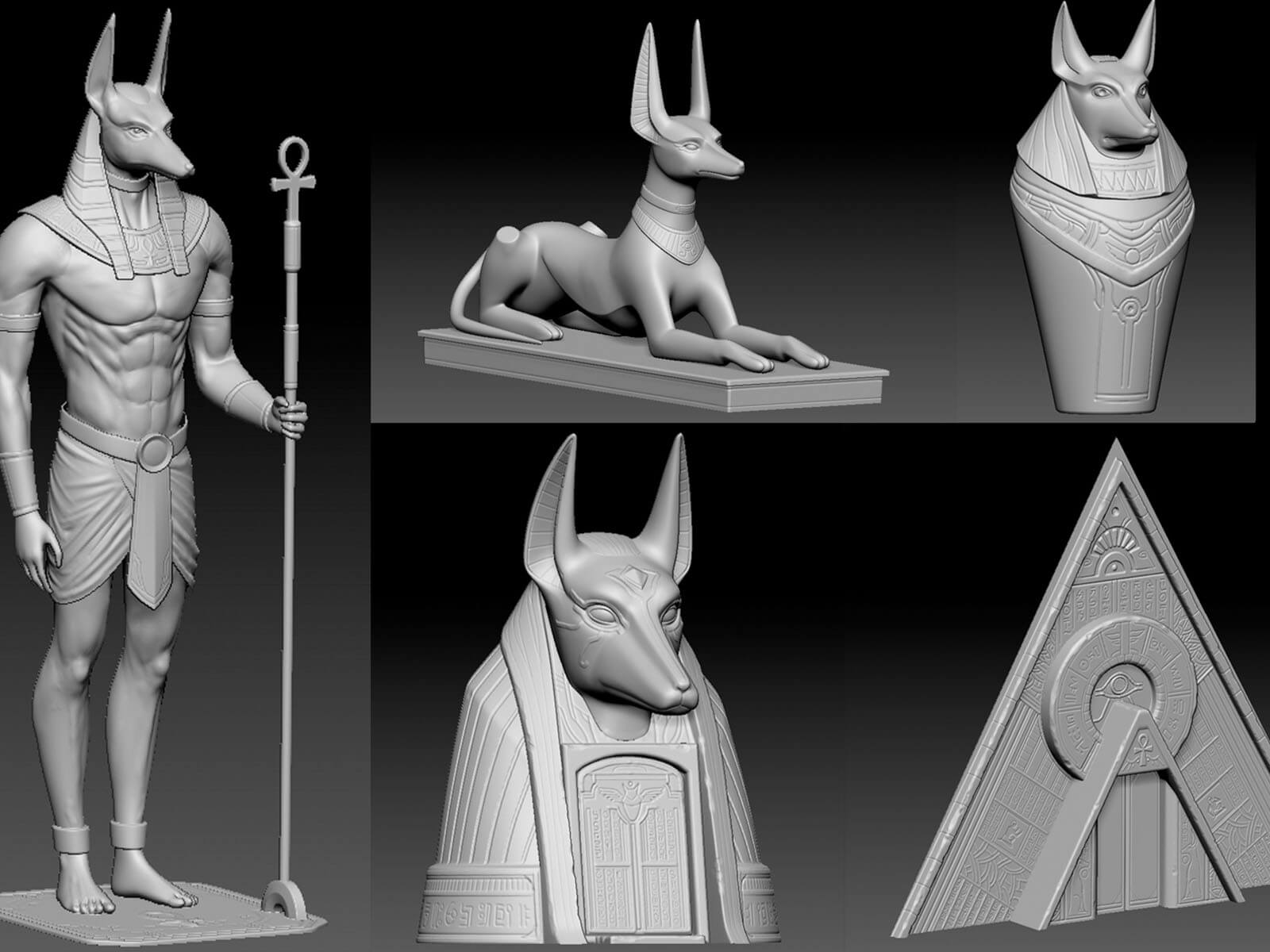 CGI models of Anubis and jackal statuaries.