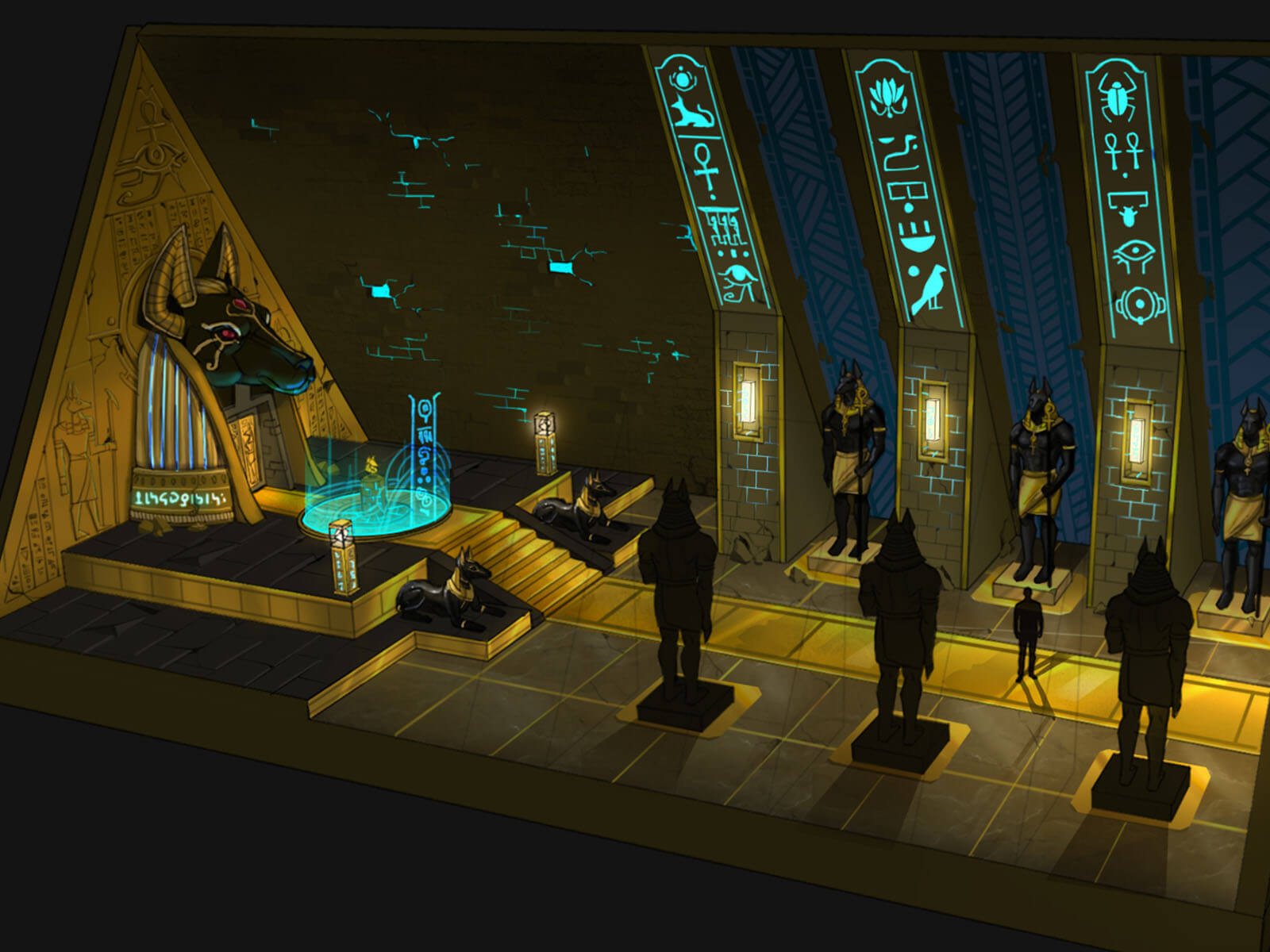 Painting of an ornate chamber adorned with Anubis and jackal statues.