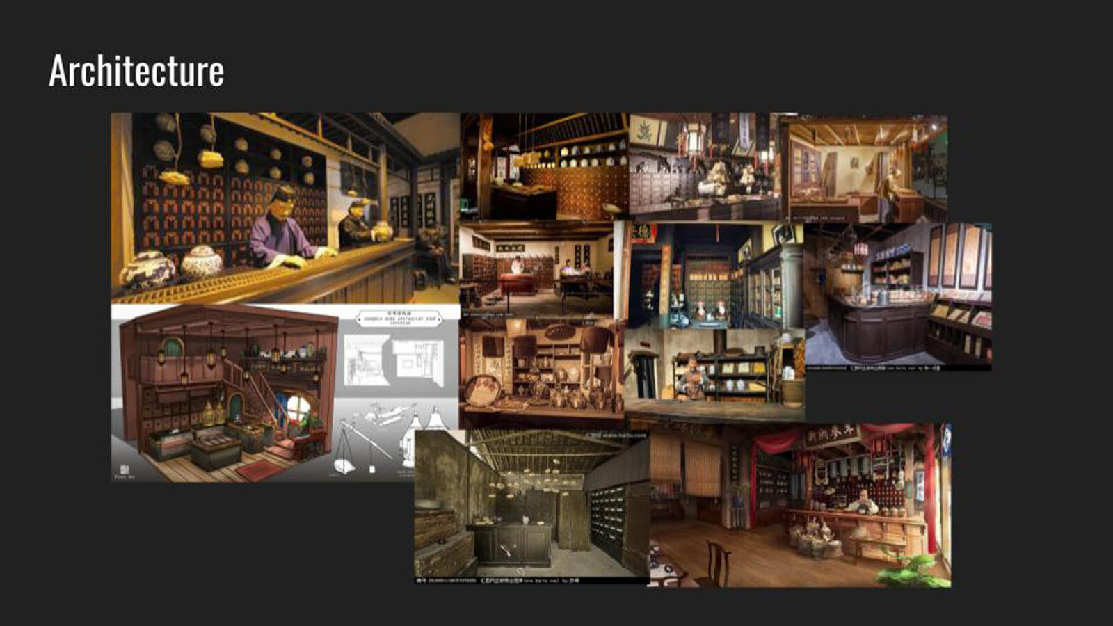 Various pieces of concept art of tea shops placed side by side.