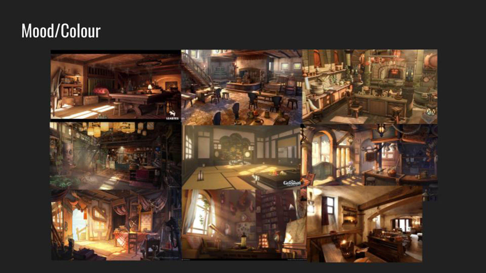 Various pieces of concept art focusing on the mood and coloring of different scenes.