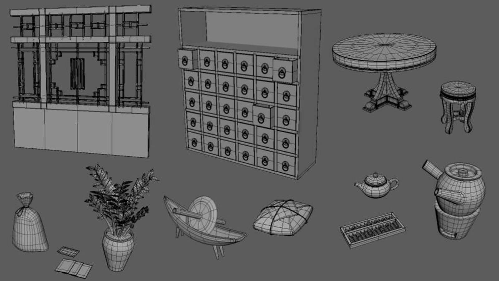 Several textureless object models that were created for the Chinese apothecary.