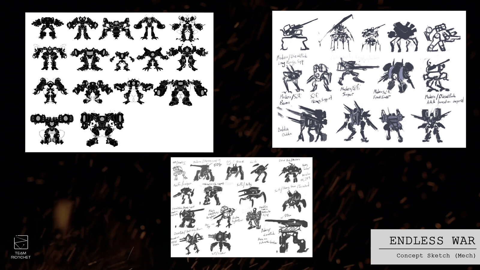 Dozens of concept sketches for a battle mech.