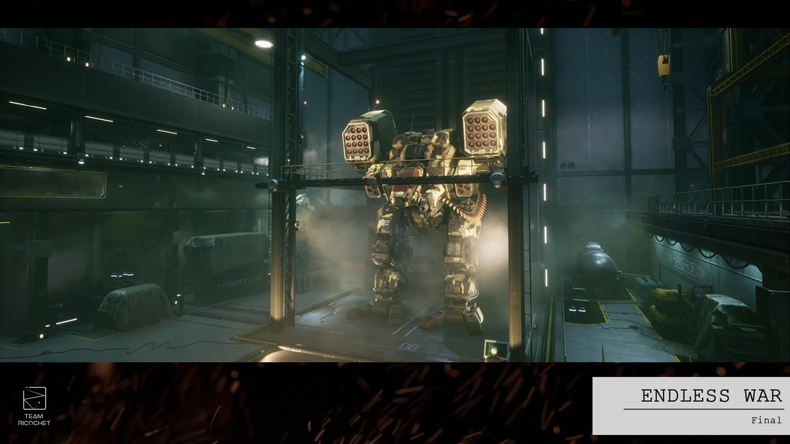 A gigantic armored battle mech stands in a hangar.