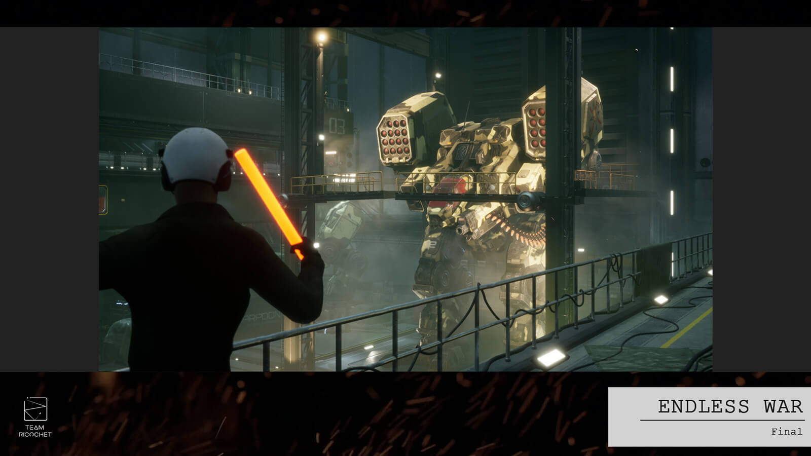 A man signals an armored battle mech with a glowing stick in an industrial-style hangar.