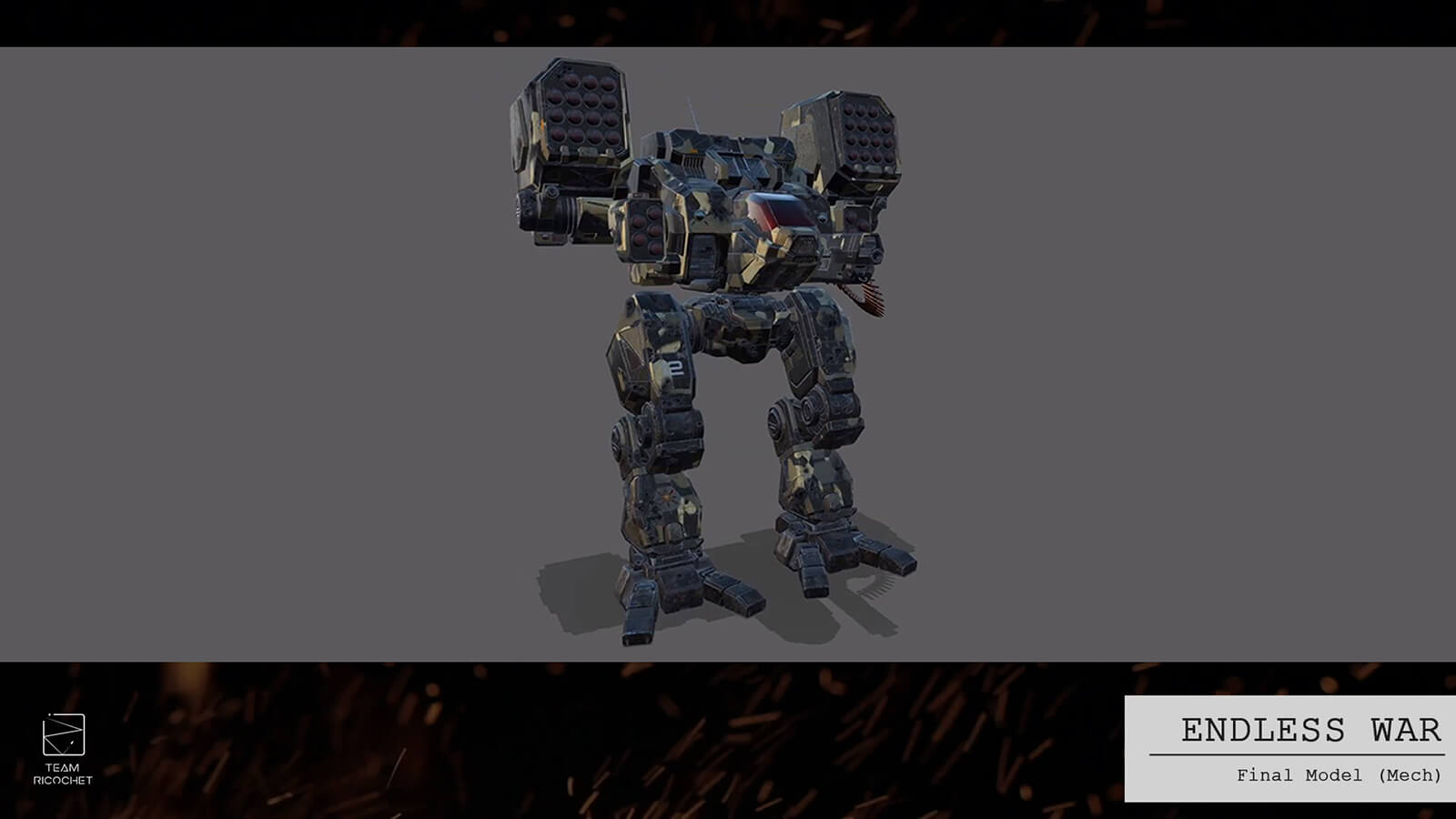 Textured 3D model for an armored battle mech.