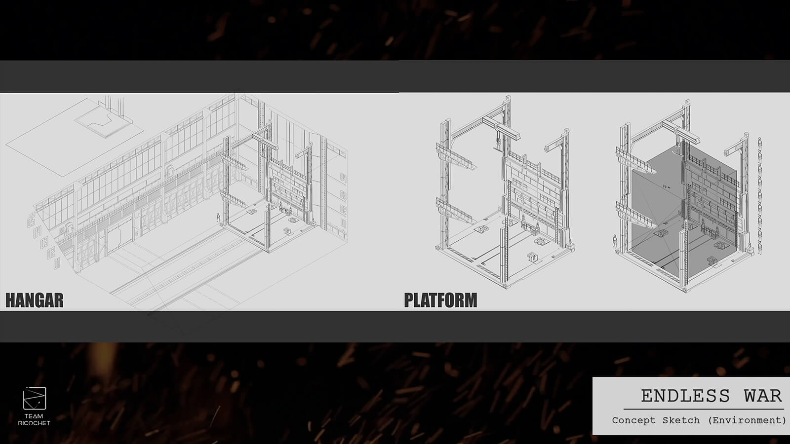 Sketches for an industrial-style hangar bay.