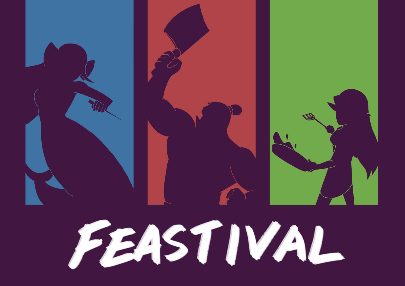 Feastival title with silhouette of an elf, orc, and mermaid