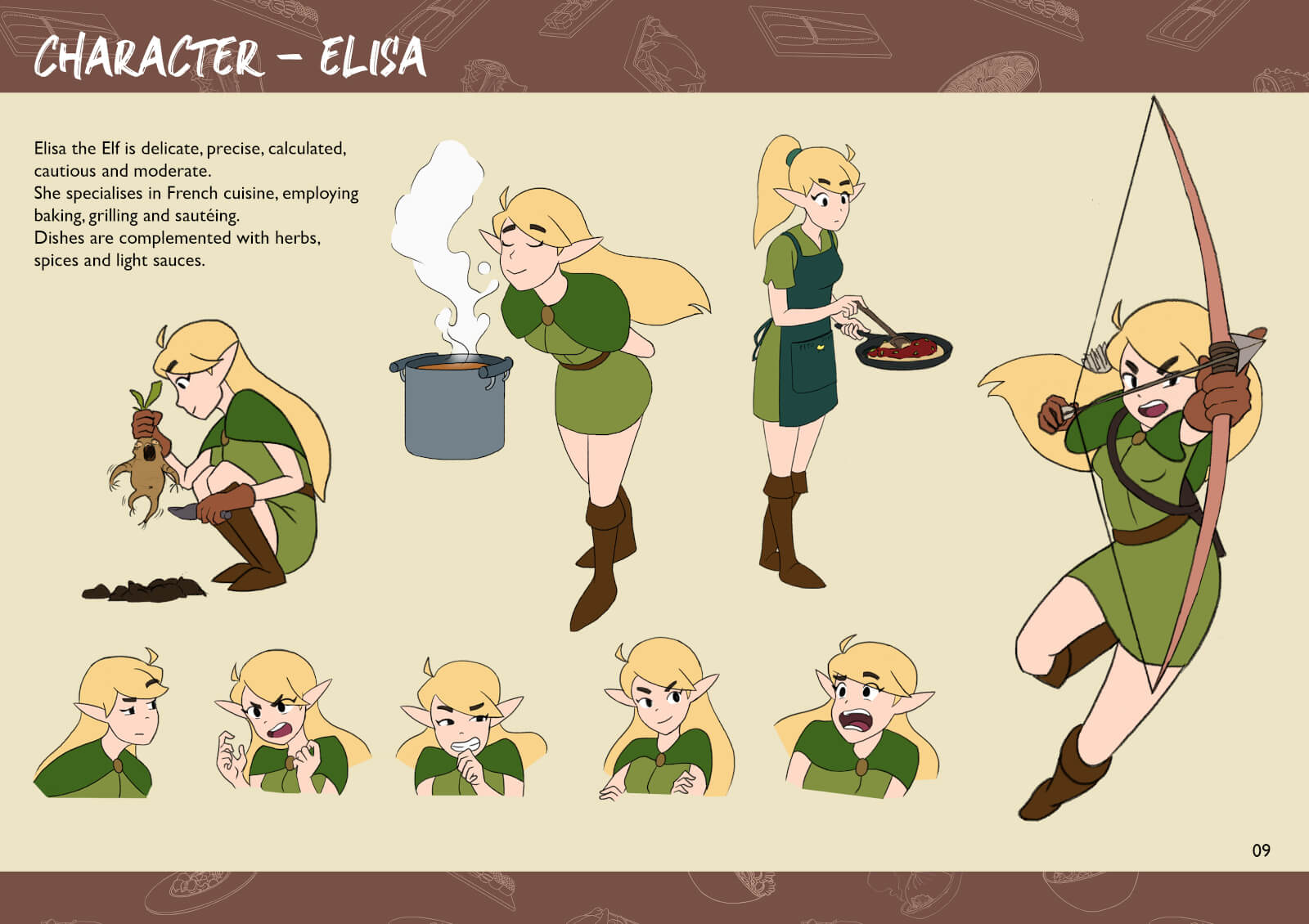 Elf character doing various activities and facial gestures