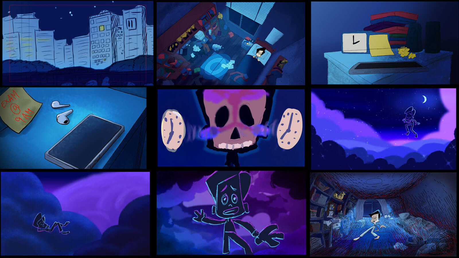 Collage of various stills from the animation during the boy's dream sequence