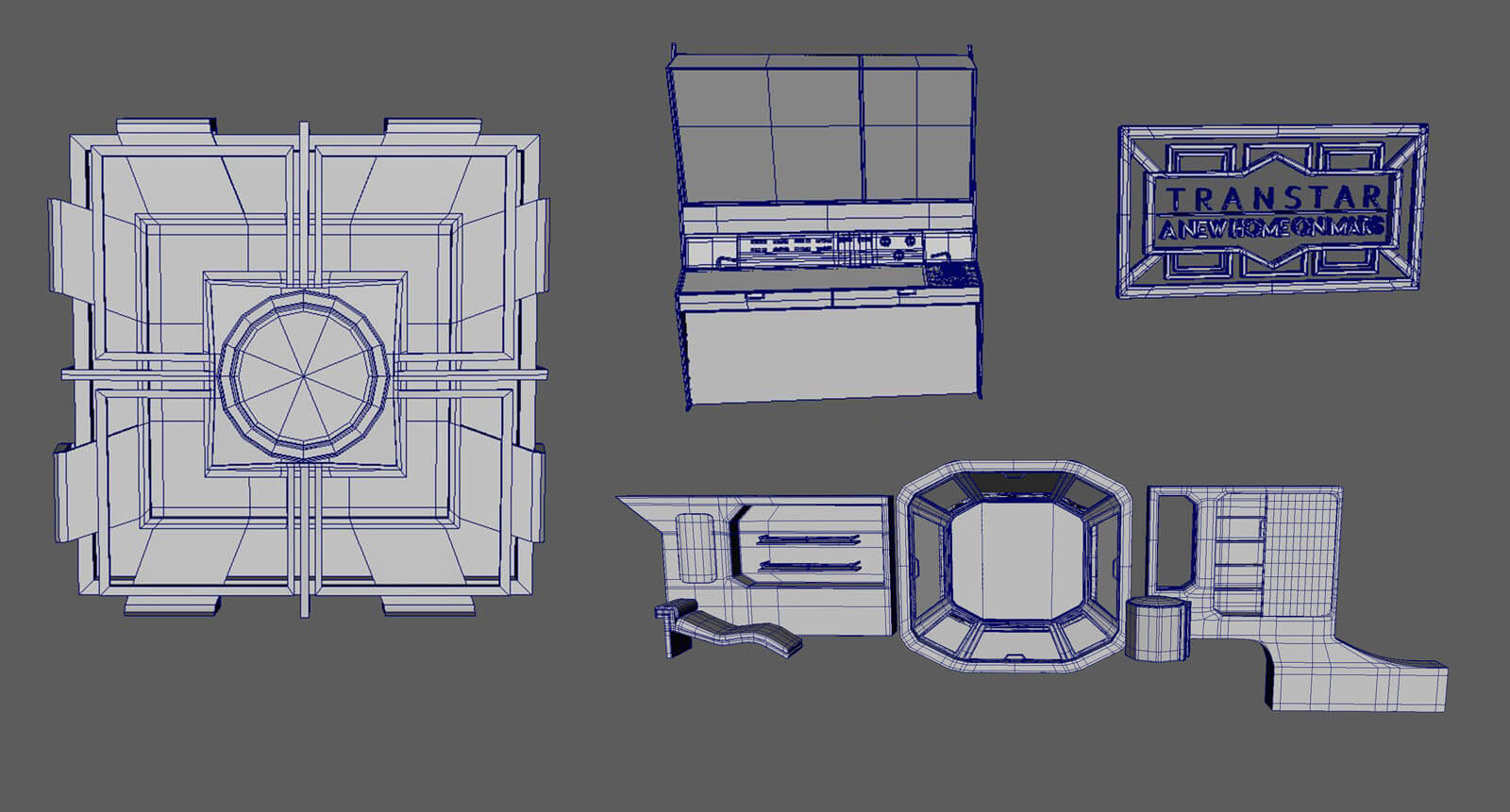 Collage of various 3D meshes of props used in the scene