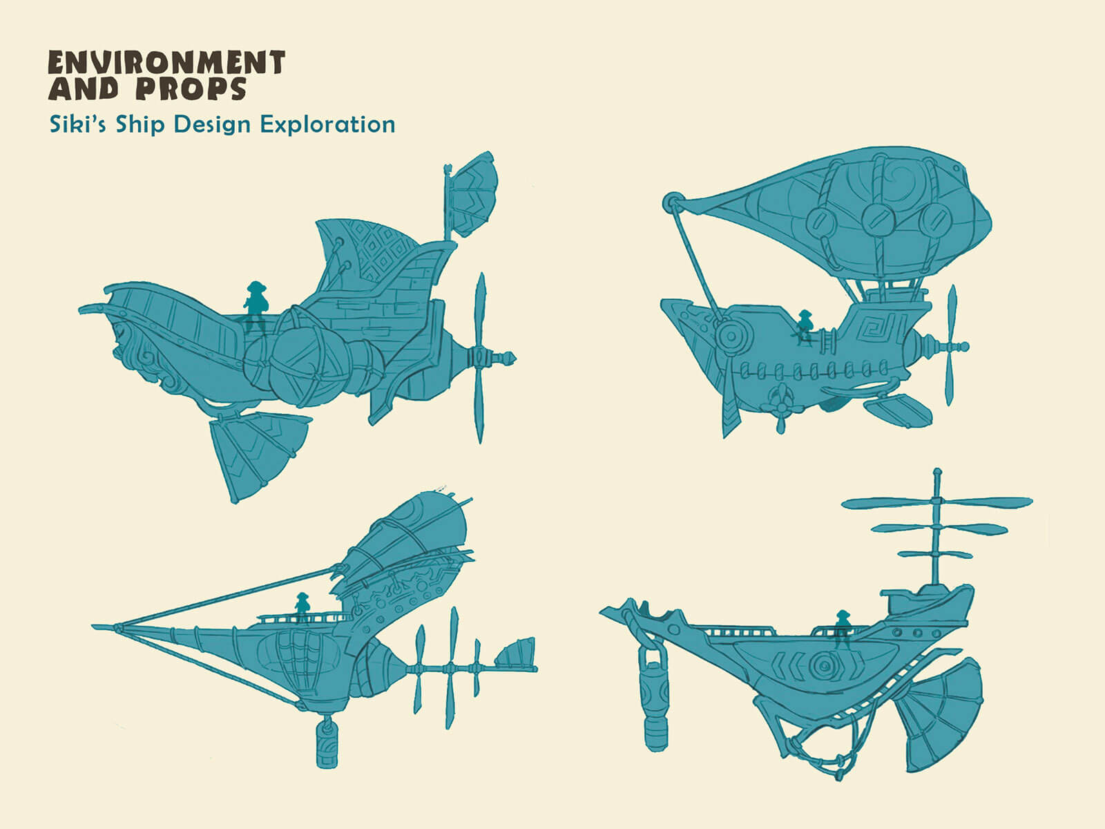 Sketches of various fantastical airship designs.