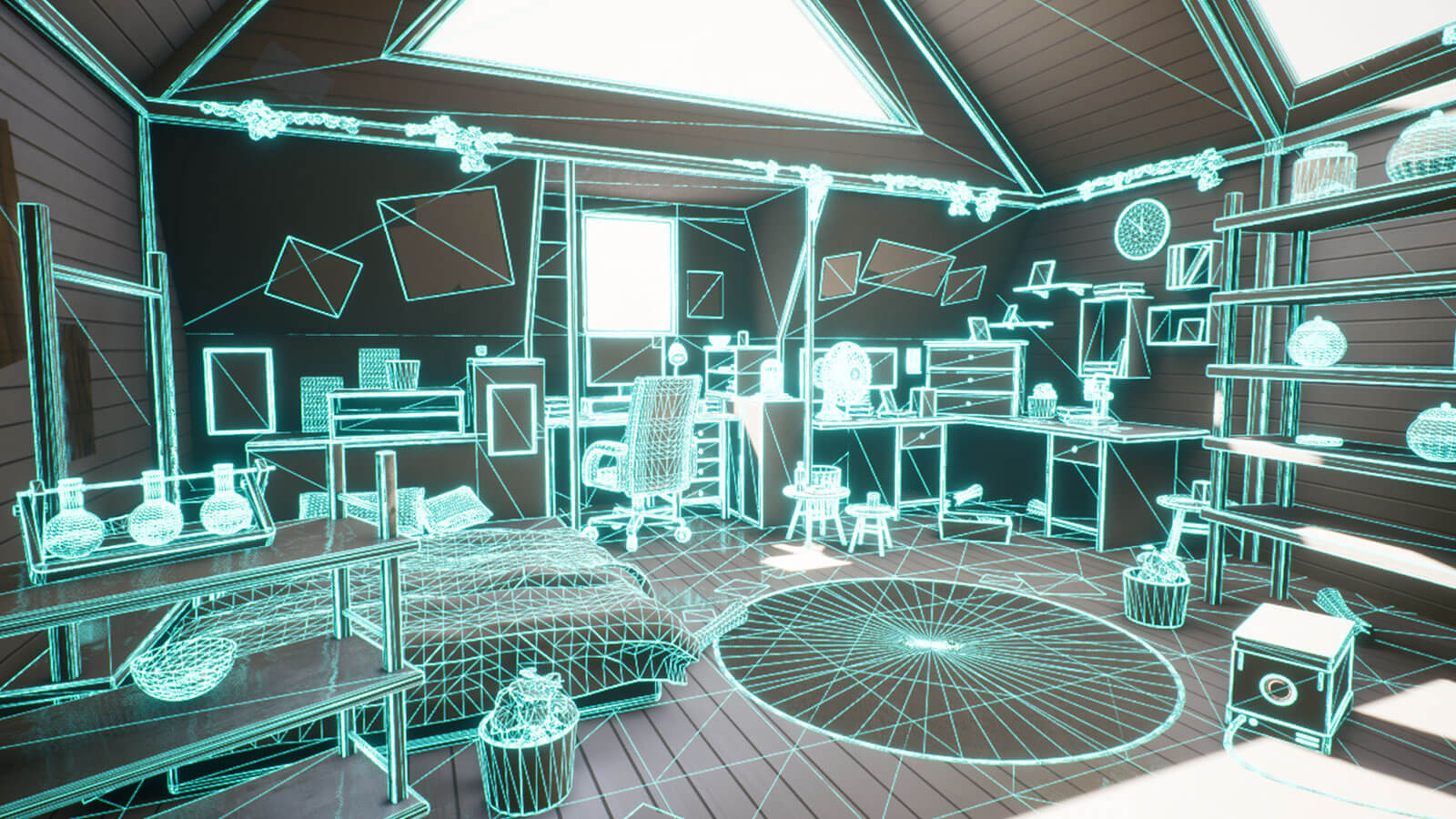 In-engine view of all 3D objects outlined in a bright blue inside the room