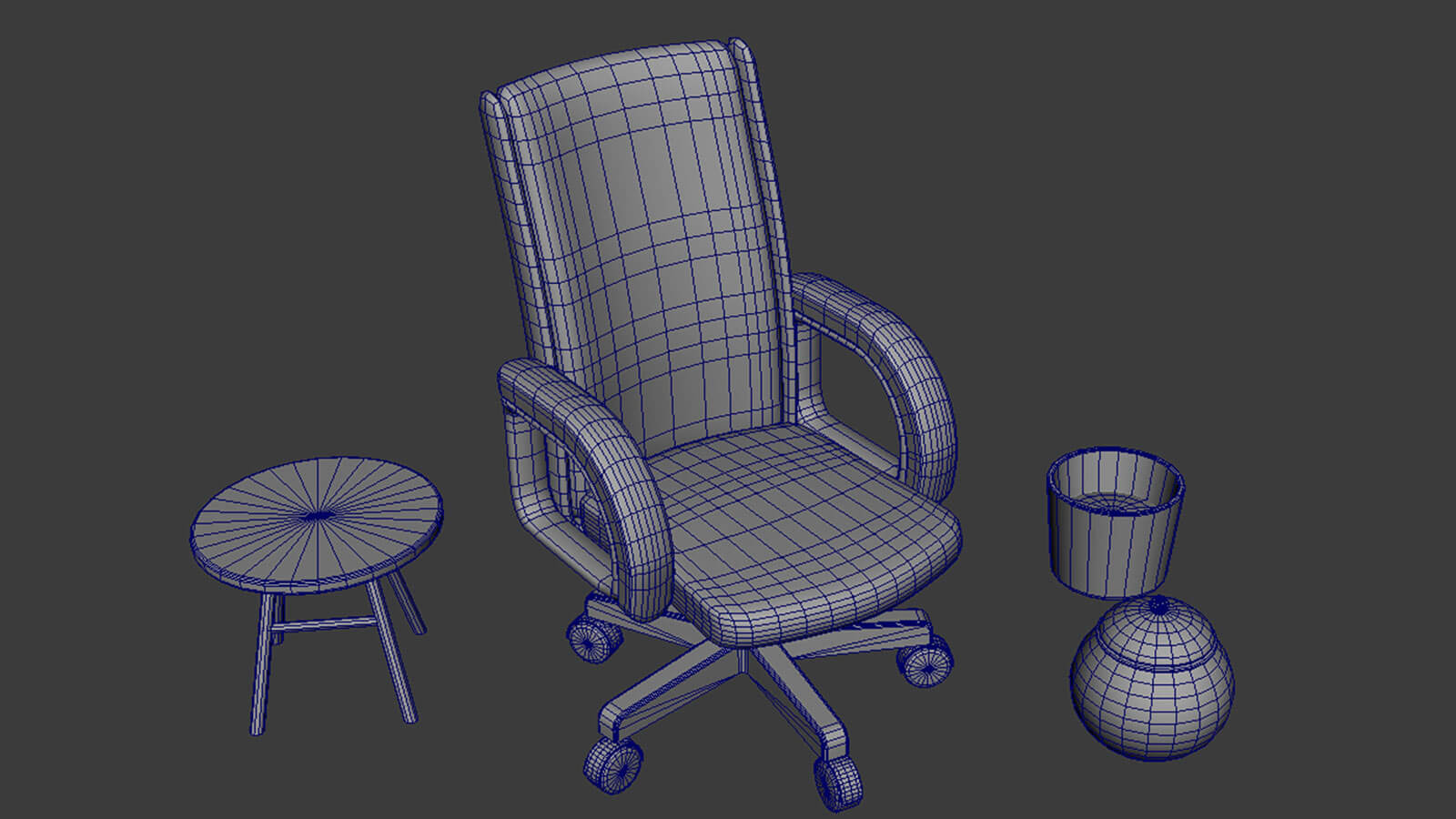 View of 3D mesh of a table, a chair, and other props