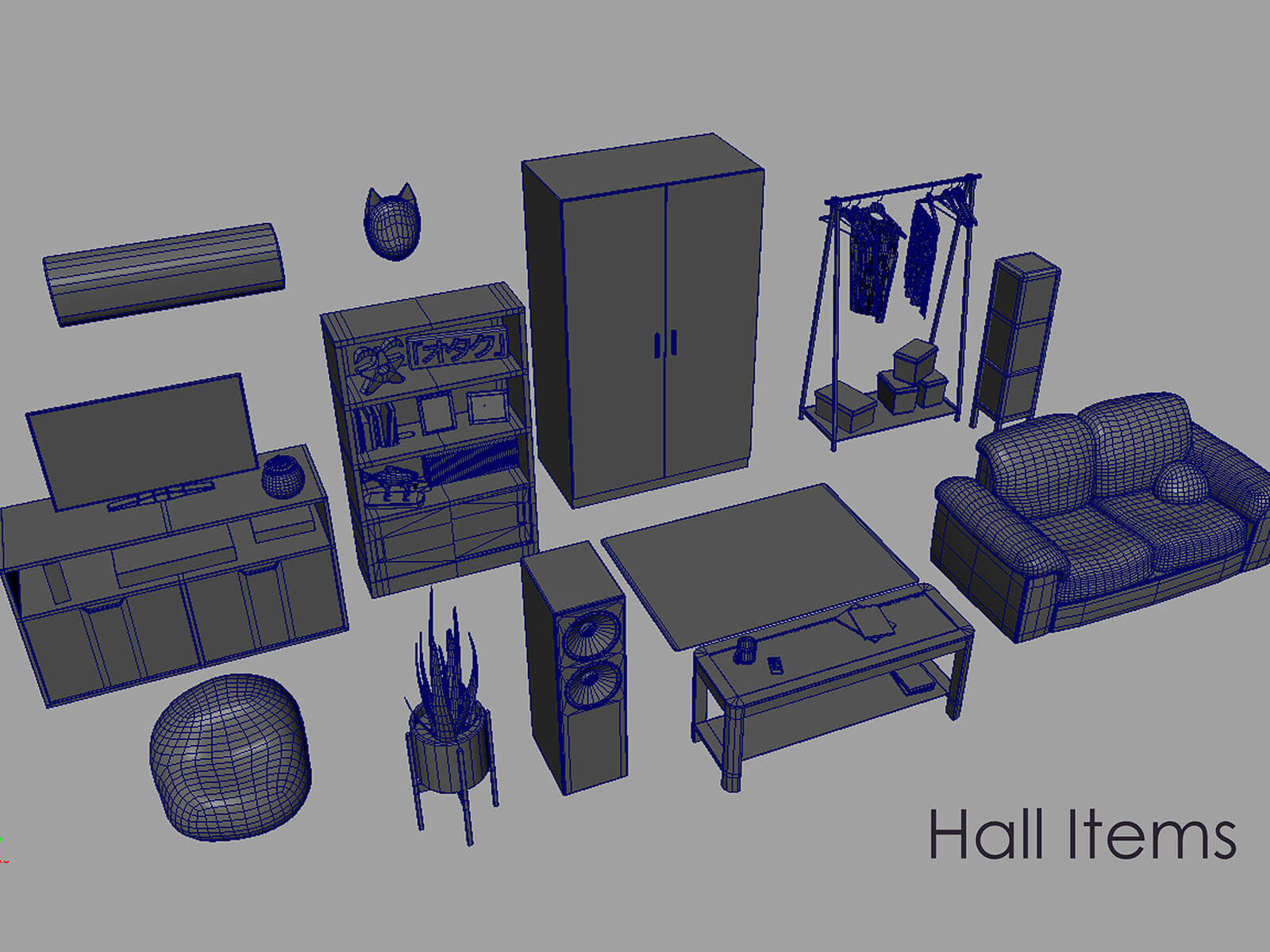 Collection of untextured 3D objects used in the scene's hallway