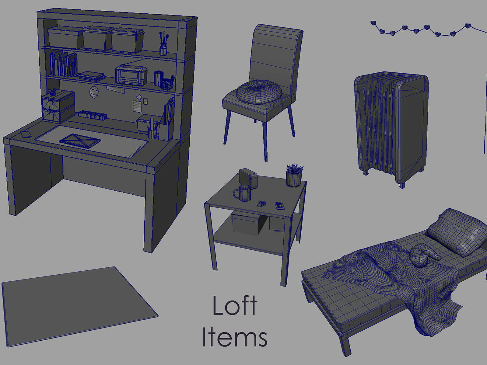 Collection of untextured 3D objects used in the scene's loft area