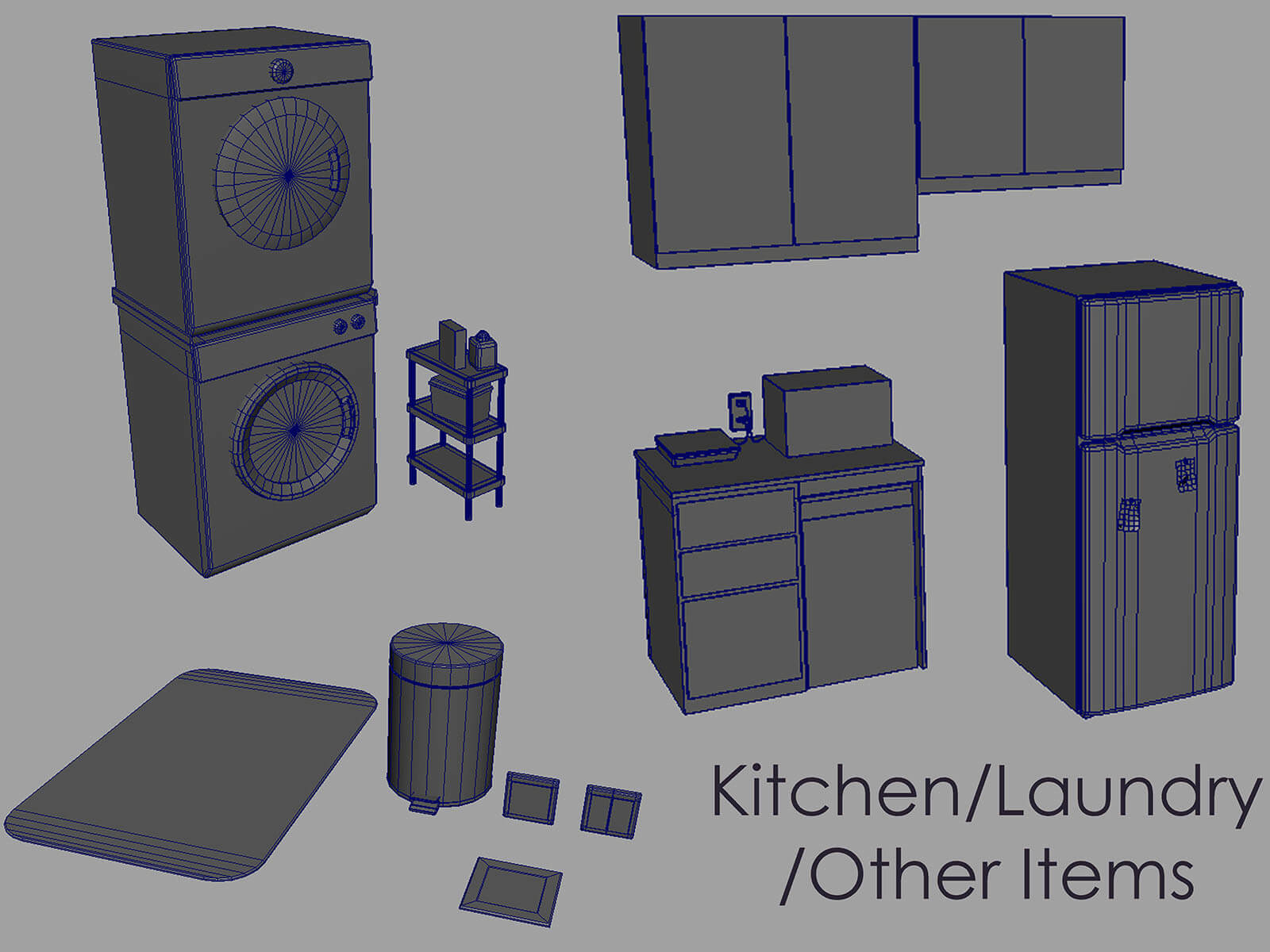 Collection of untextured 3D objects used in the scene's kitchen and laundry area