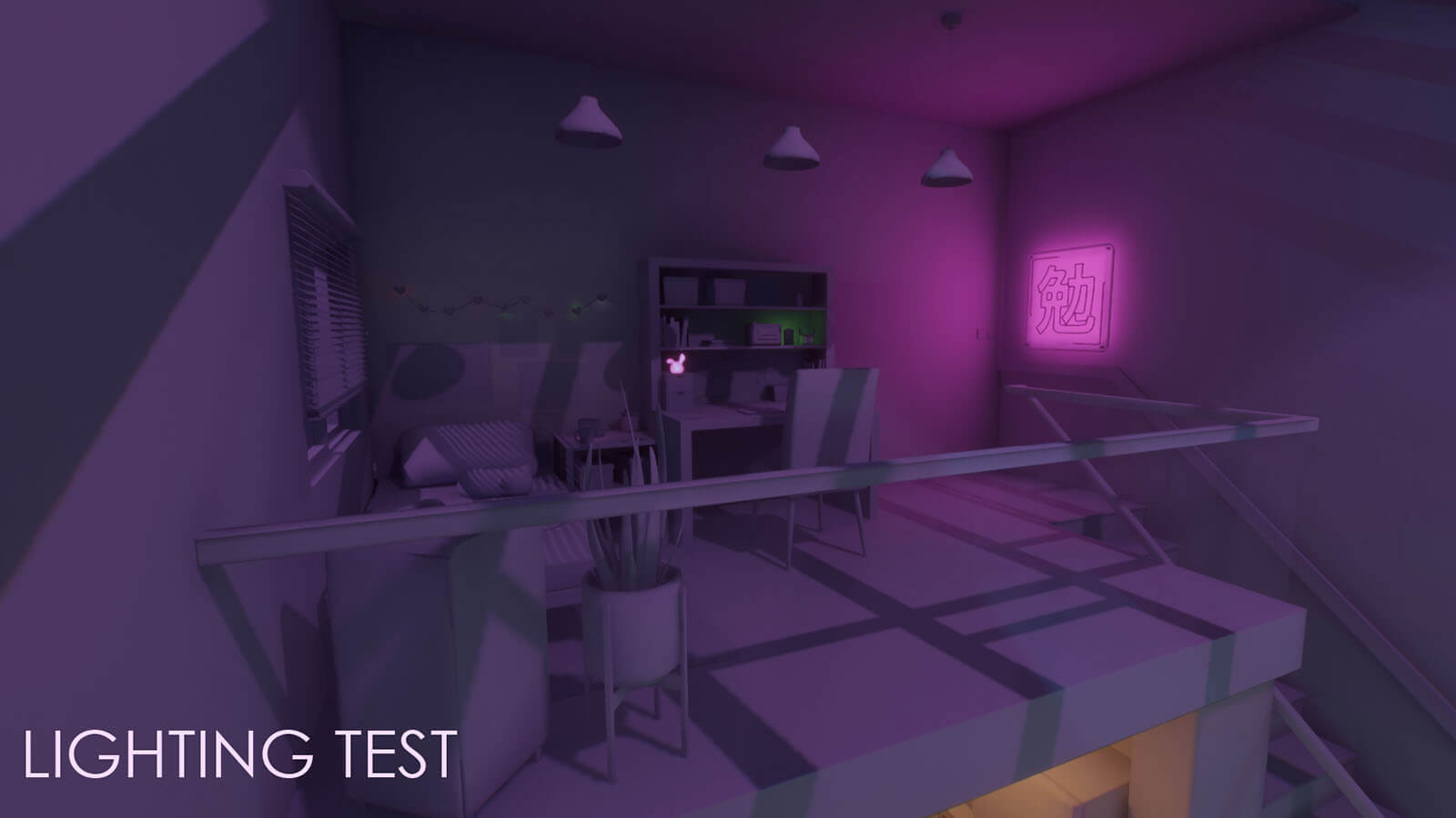Render of loft area with just pink lighting 
