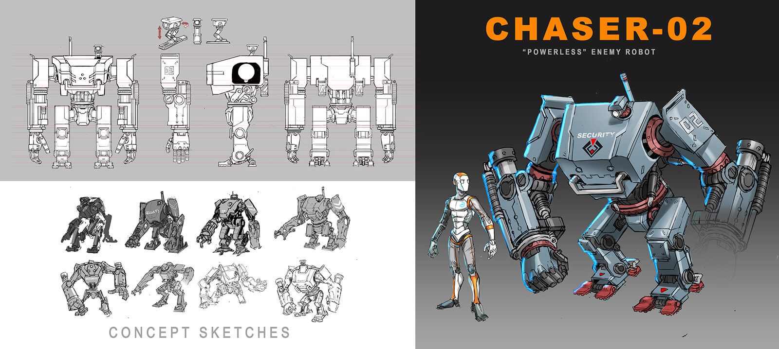 Concept sketches for an android and large robotic sentry.