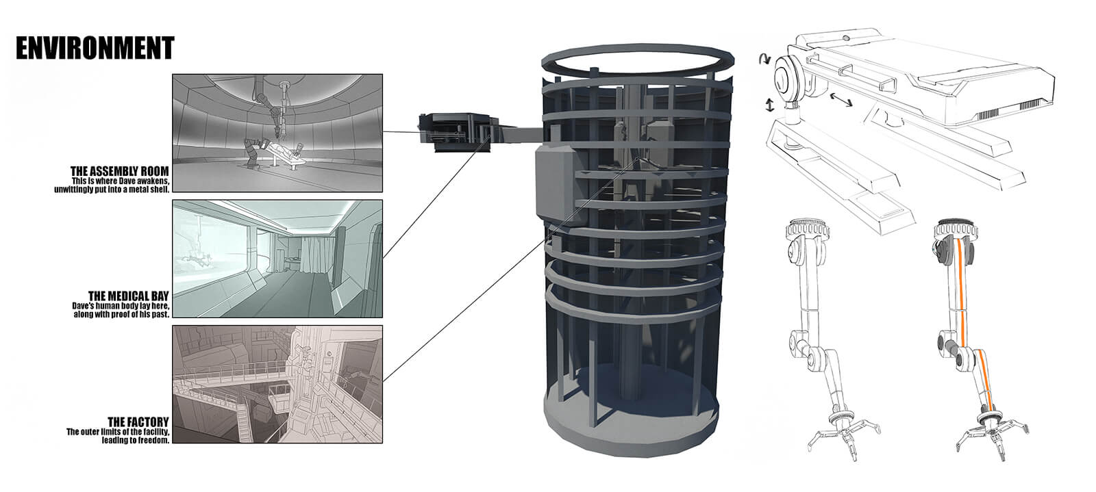 Environmental sketches for a cylindrical industrial facility.