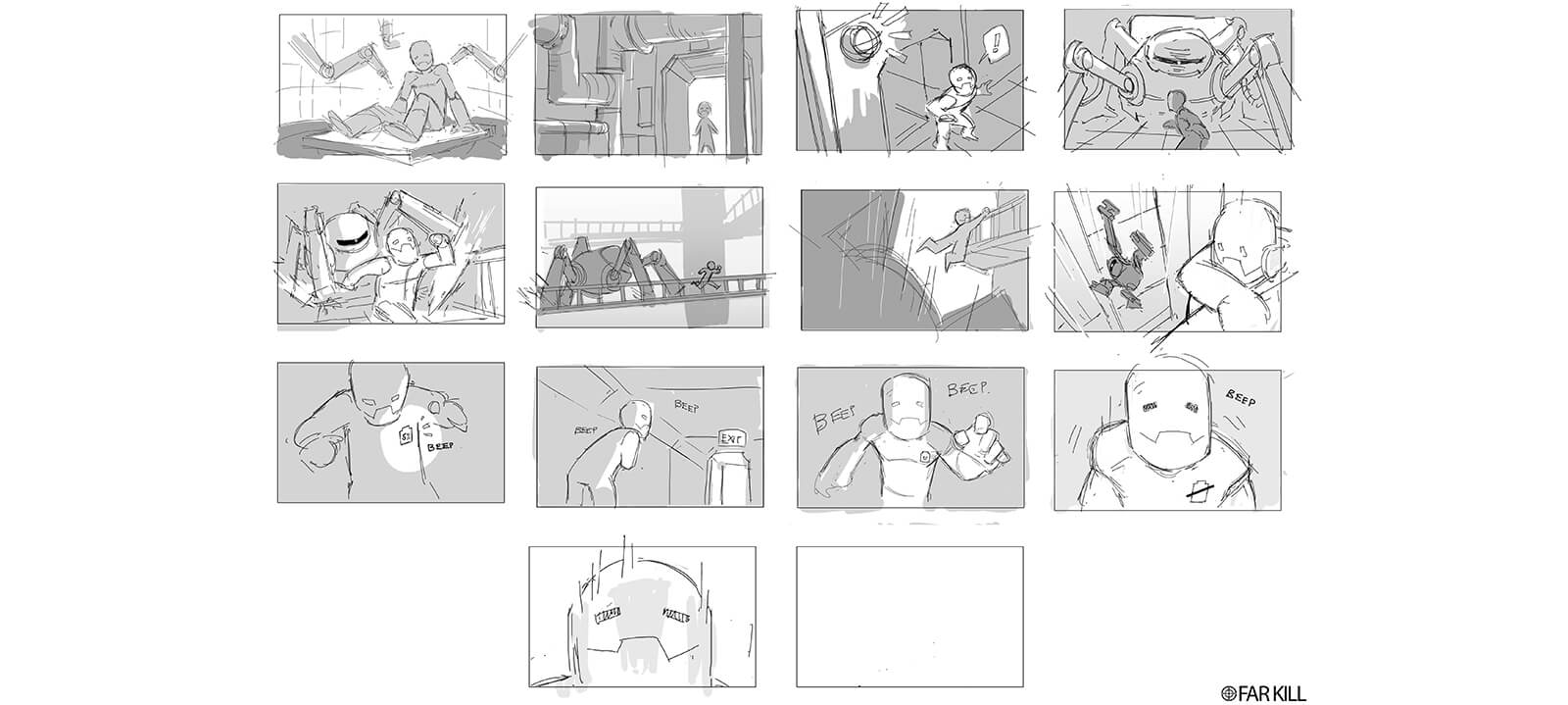 Storyboard sketches of the film Powerless by Far Kill.