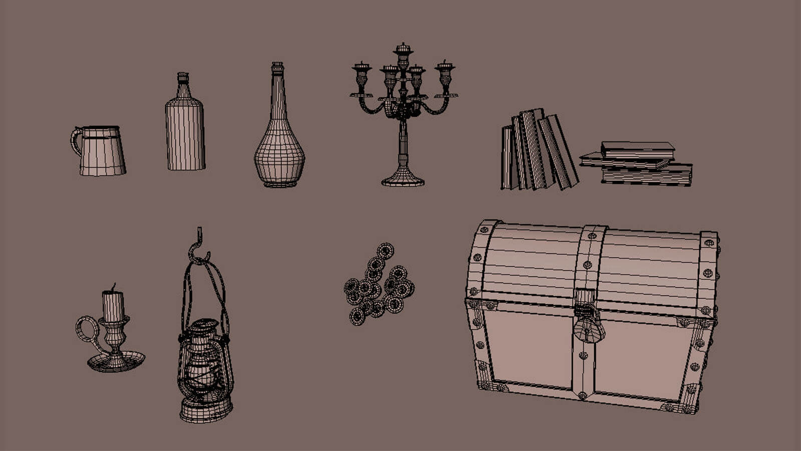 Untextured 3D treasure chest and other small trinkets