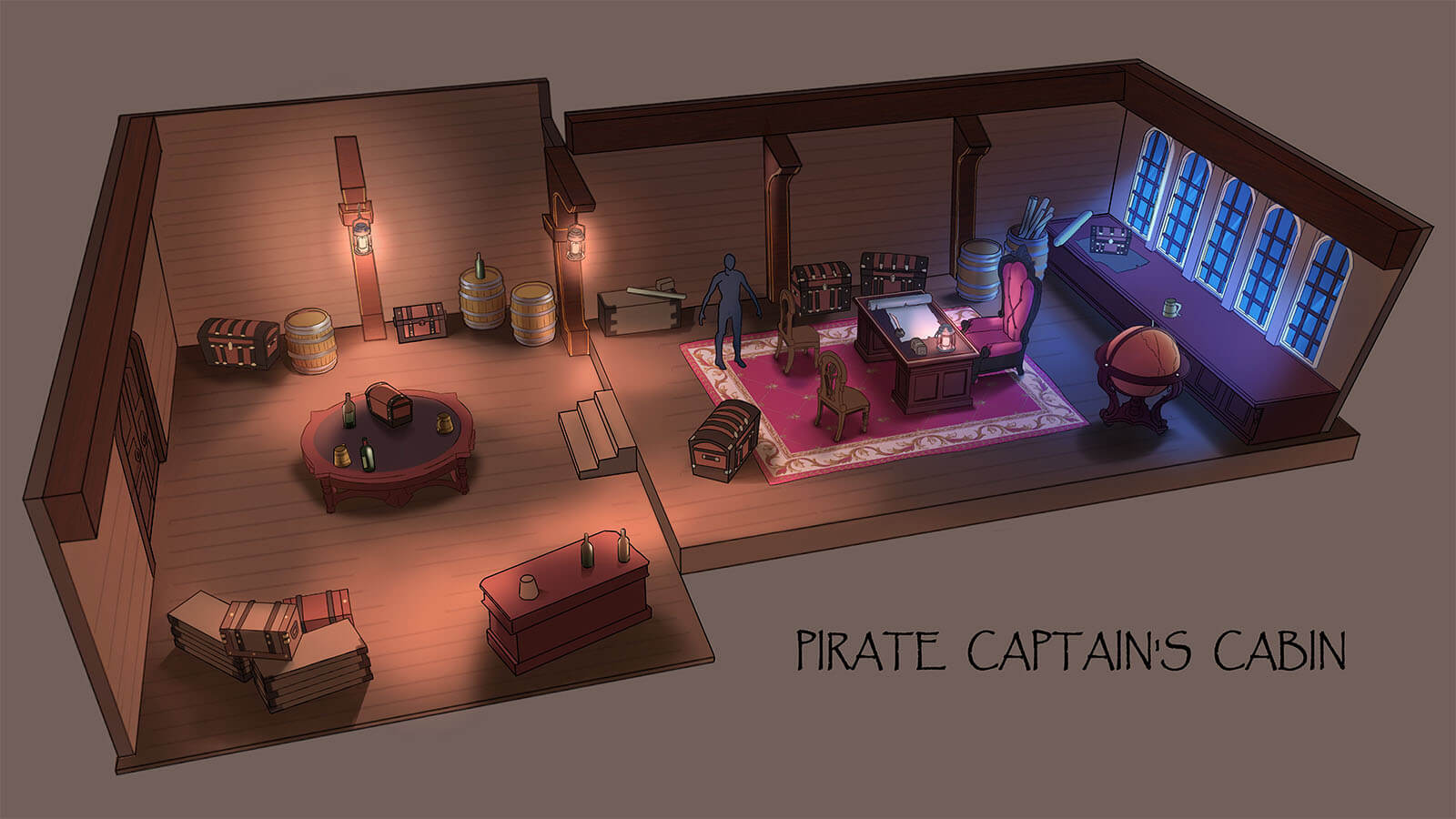 Isometric view of concept drawing of pirate's cabin quarters