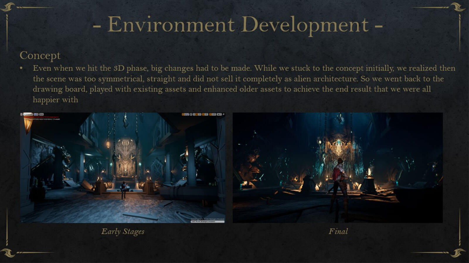 Two screenshots showing the initial and final concepts for of a dark 3D alien environment