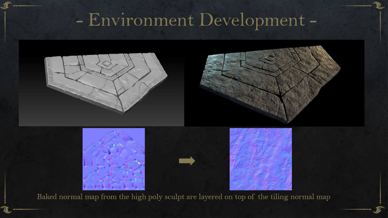 Side-by-side images of a floor tile with each of their normal maps